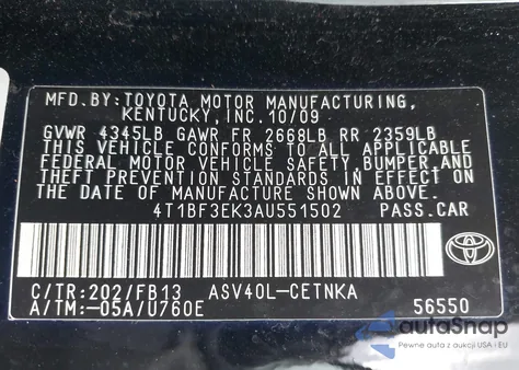 2010 Toyota Camry Le from USA, damaged, VIN 4T1BF3EK3AU551502